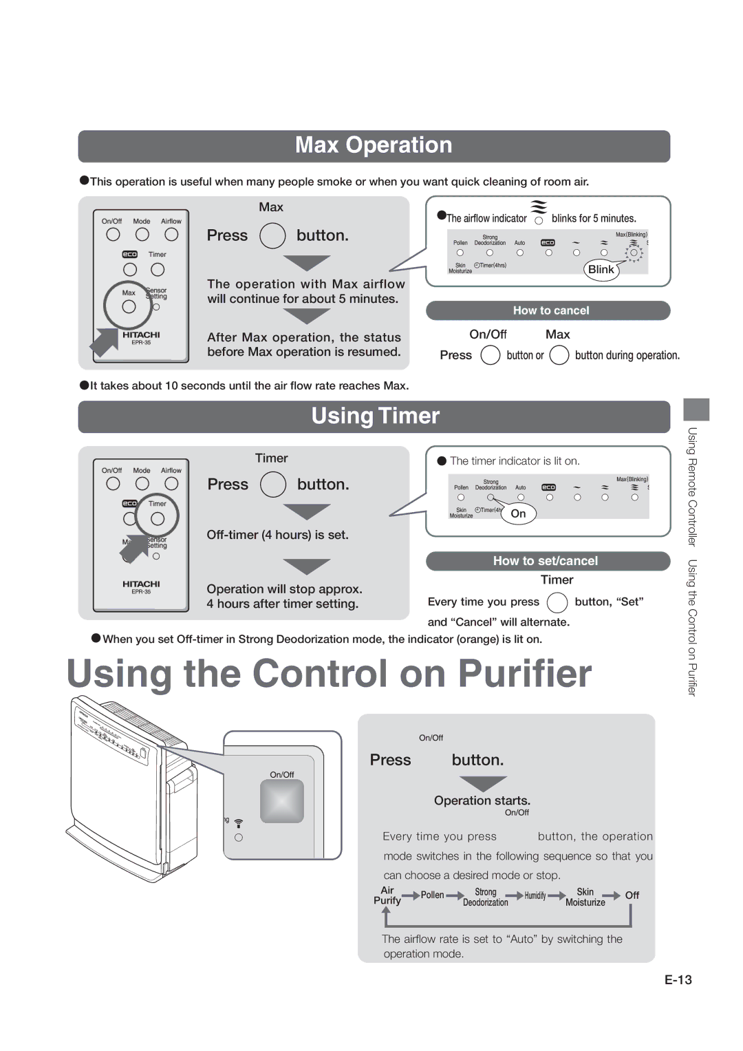 Hitachi hitachi air purifier with humidifying function Using the Control on Puriﬁer, Max Operation, Using Timer 