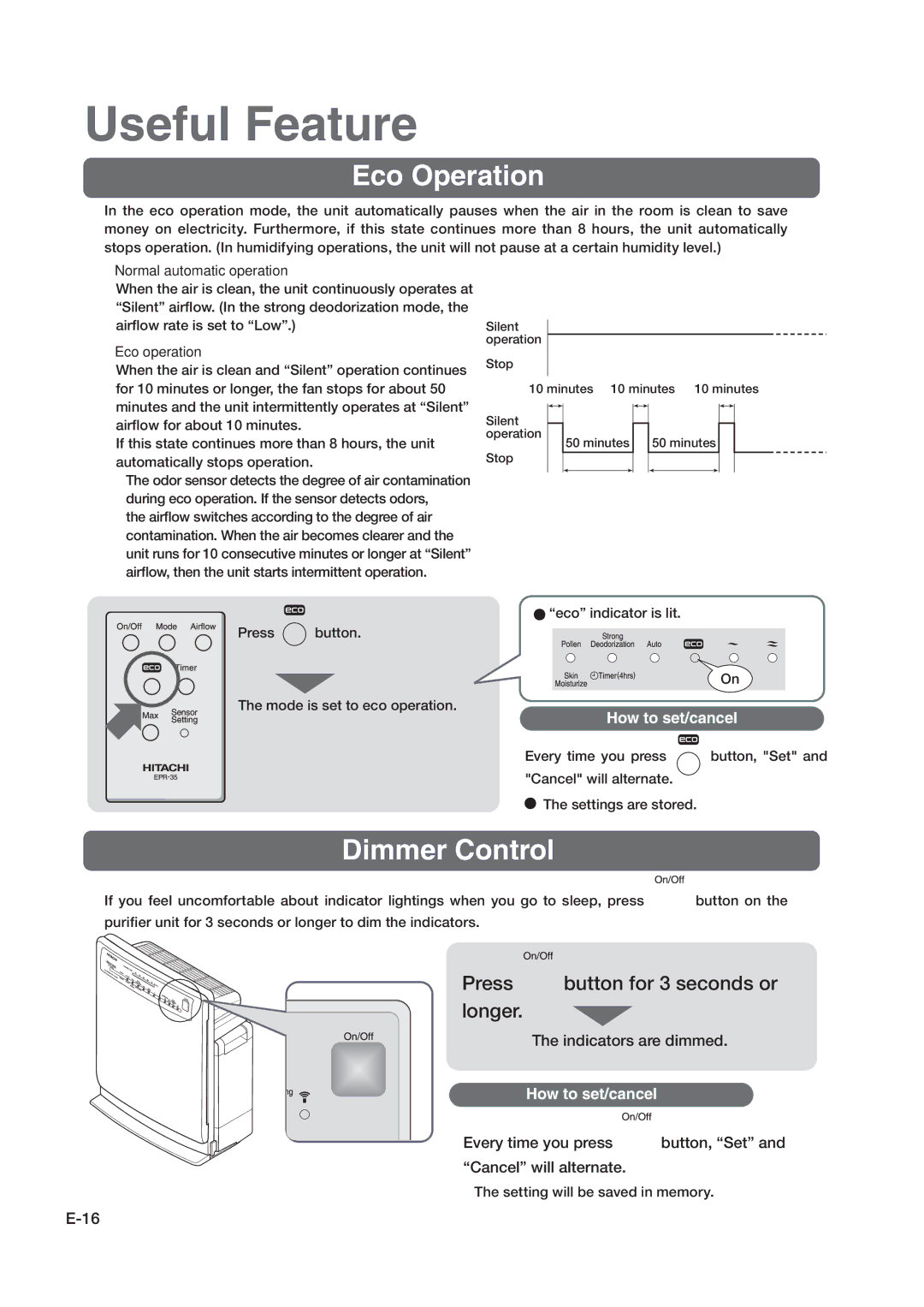 Hitachi hitachi air purifier with humidifying function instruction manual Useful Feature, Eco Operation, Dimmer Control 