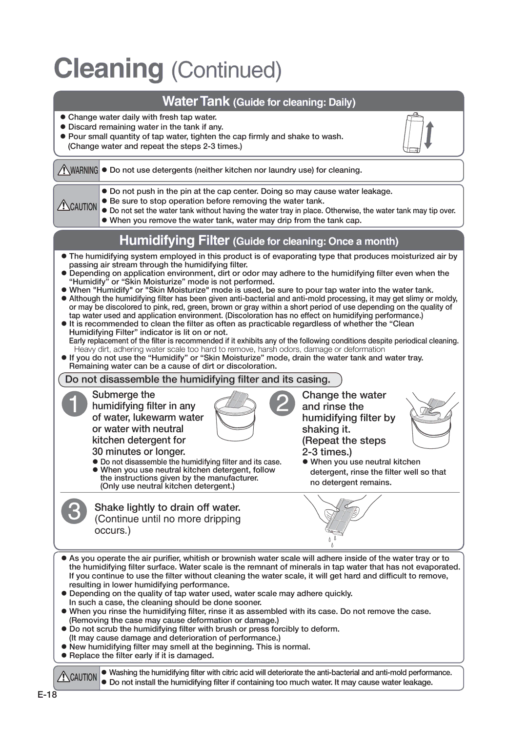 Hitachi hitachi air purifier with humidifying function instruction manual Water Tank Guide for cleaning Daily 