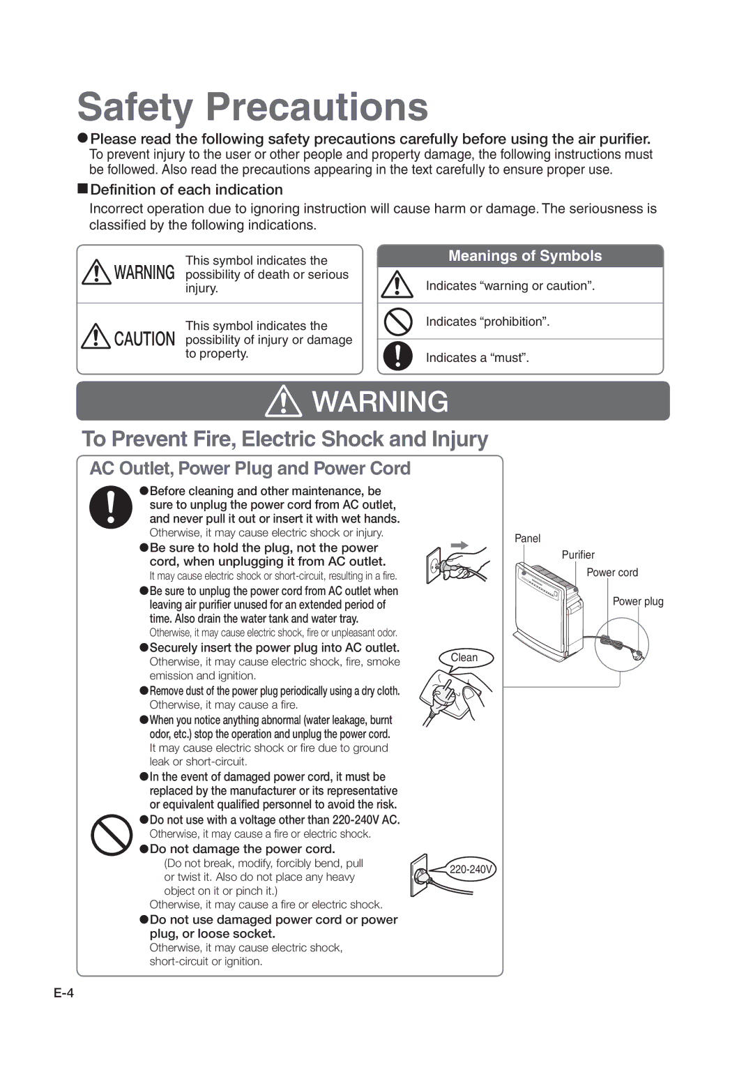 Hitachi hitachi air purifier with humidifying function instruction manual Safety Precautions, Definition of each indication 