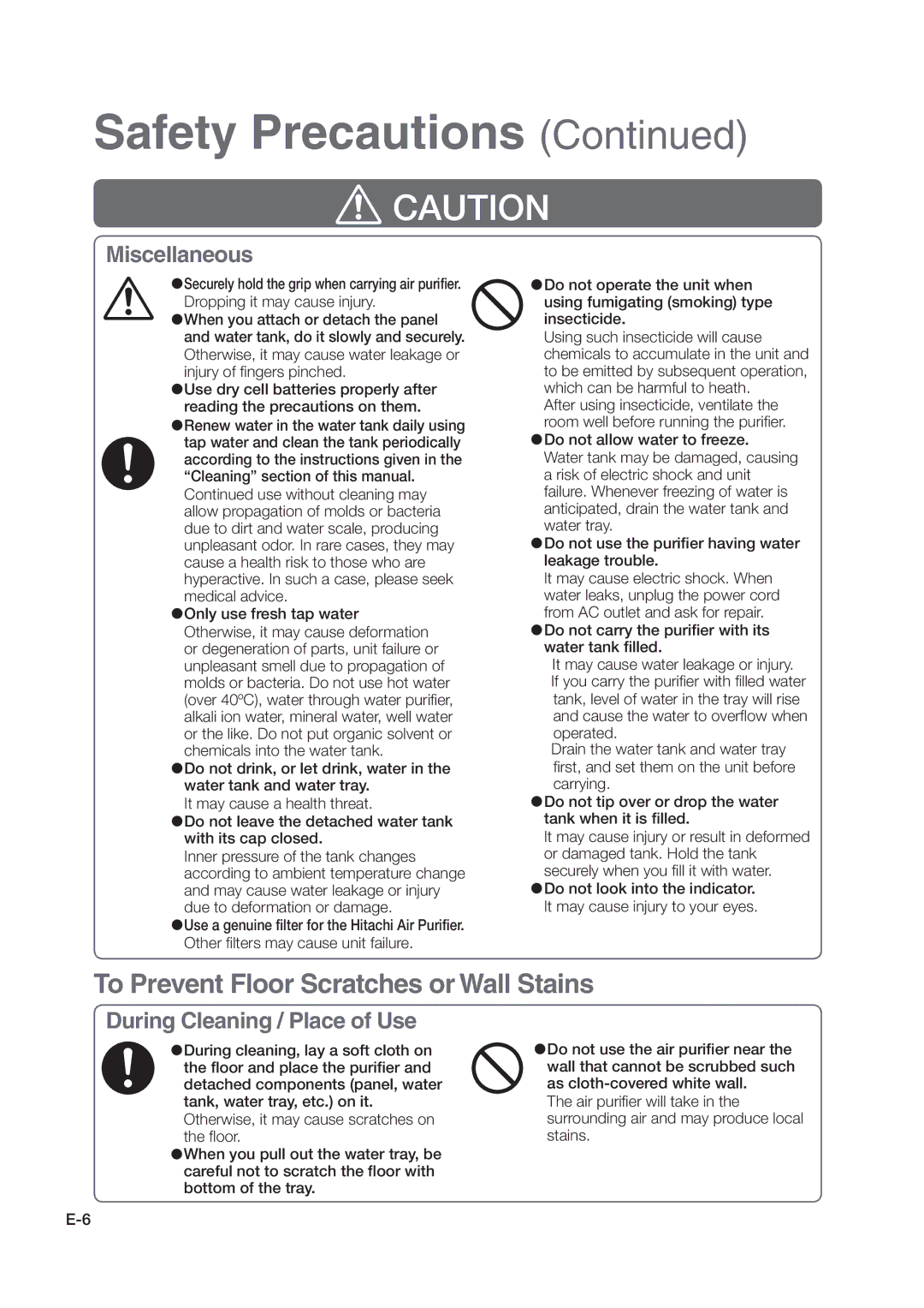 Hitachi hitachi air purifier with humidifying function instruction manual To Prevent Floor Scratches or Wall Stains 