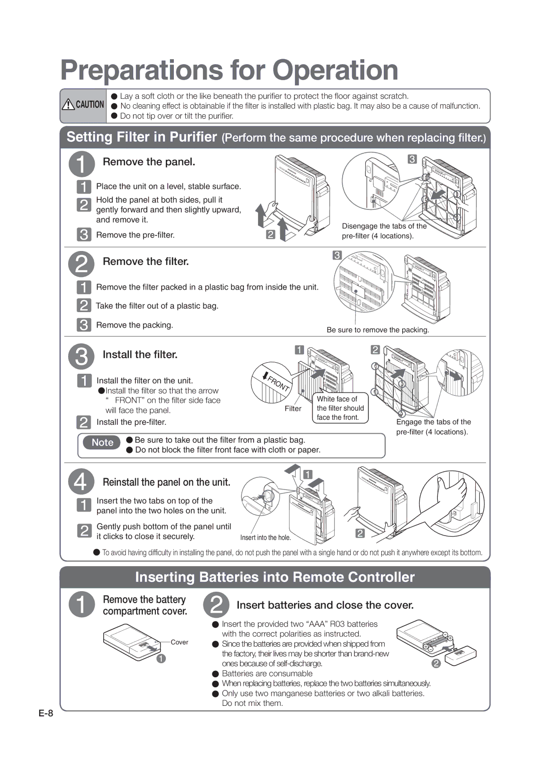 Hitachi hitachi air purifier with humidifying function instruction manual Preparations for Operation 