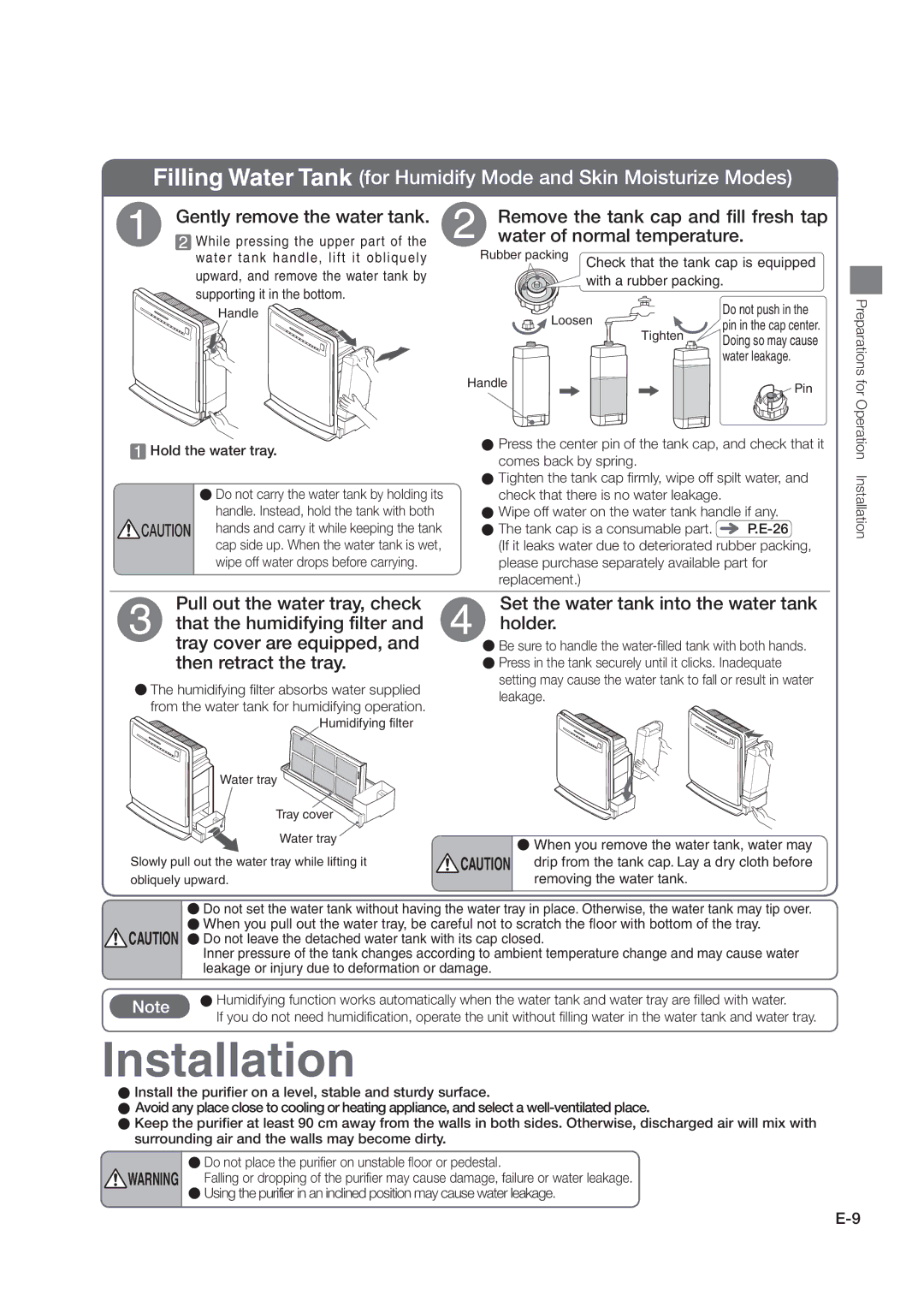 Hitachi hitachi air purifier with humidifying function Installation, Gently remove the water tank, Hold the water tray 