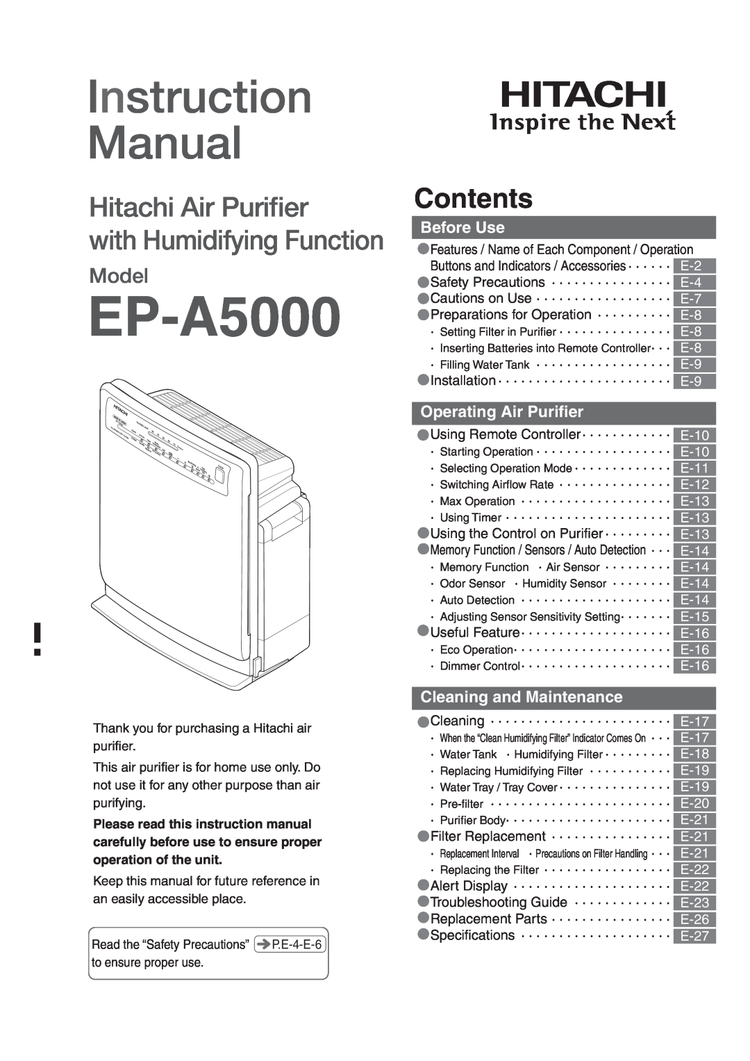 Hitachi hitachi air purifier with humidifying function instruction manual EP-A5000, Contents, Model, Before Use 