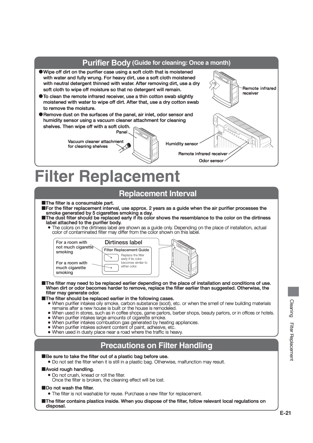 Hitachi hitachi air purifier with humidifying function instruction manual Filter Replacement, Replacement Interval, E-21 