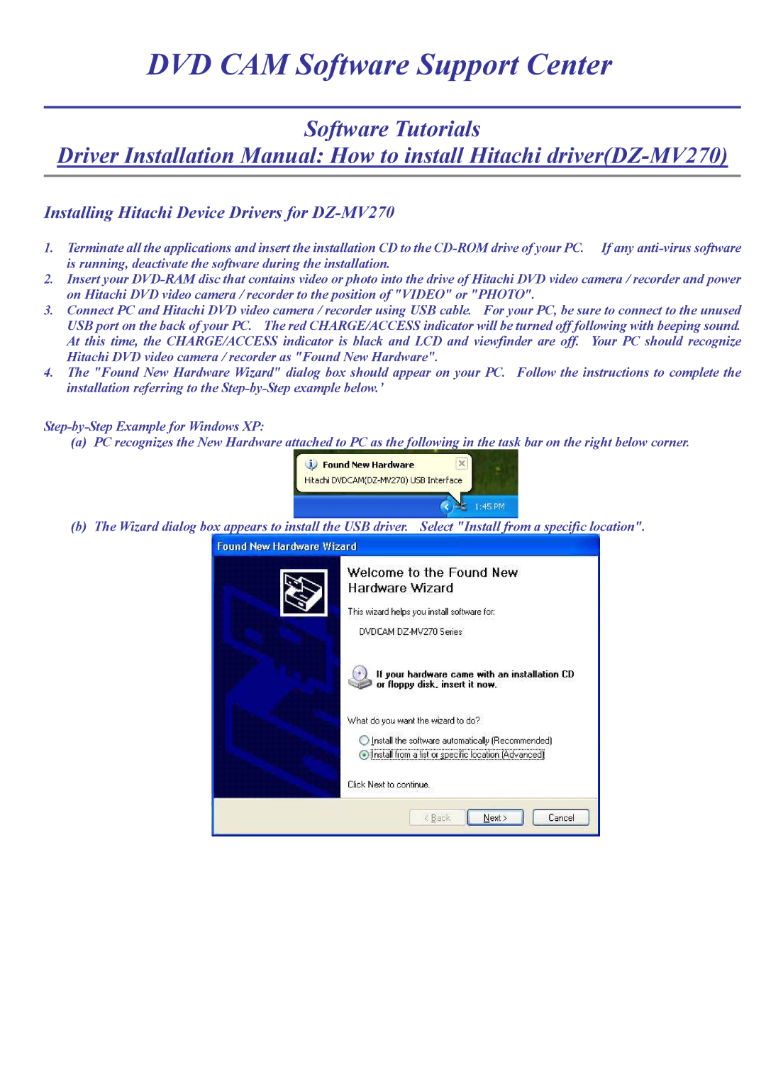 Hitachi hitachi driver installation manual DVD CAM Software Support Center 