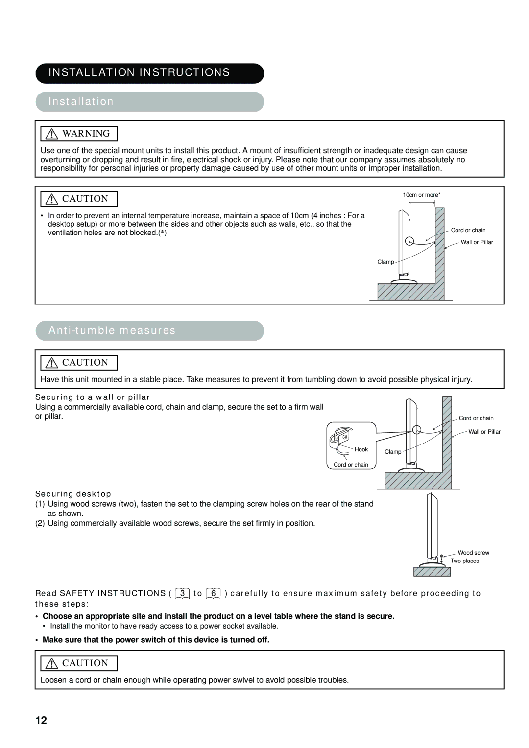 Hitachi hitachi lcd monitor user manual Installation Instructions, Anti-tumble measures, Securing to a wall or pillar 