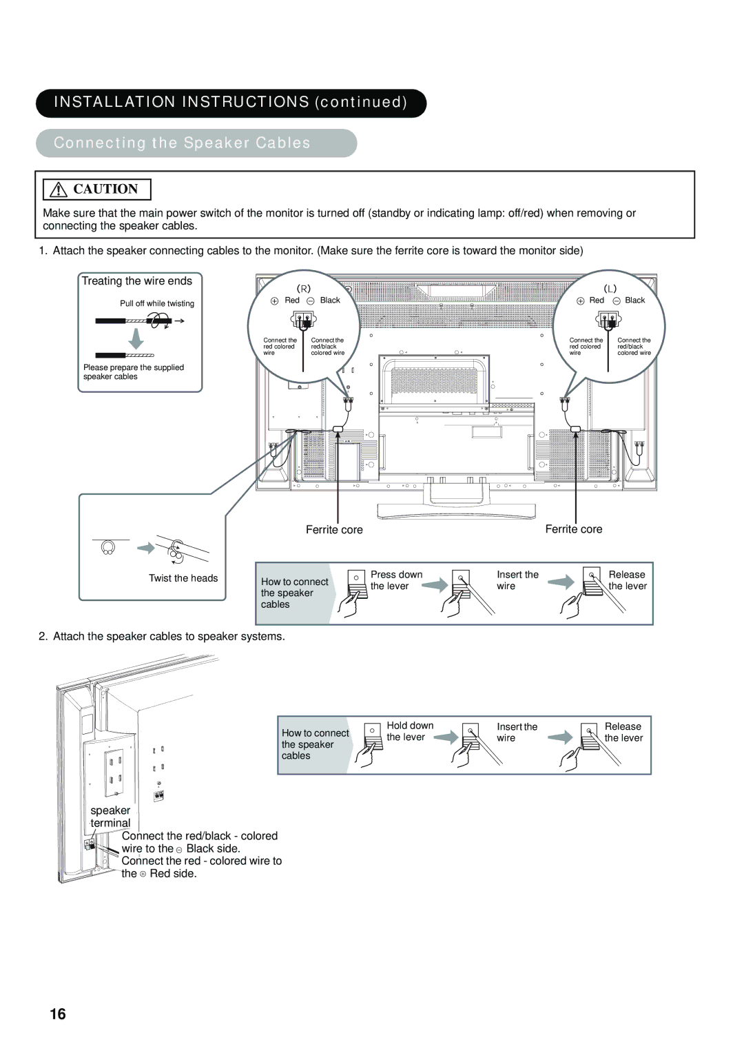 Hitachi hitachi lcd monitor user manual Installation Instructions Connecting the Speaker Cables, Ferrite core 