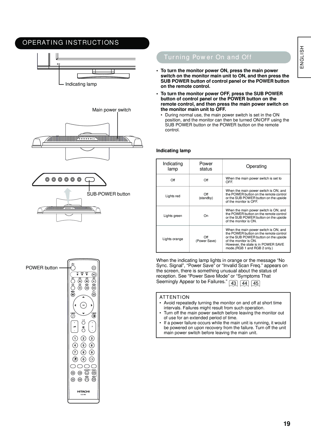 Hitachi hitachi lcd monitor user manual Operating Instructions, Turning Power On and Off, Indicating lamp 