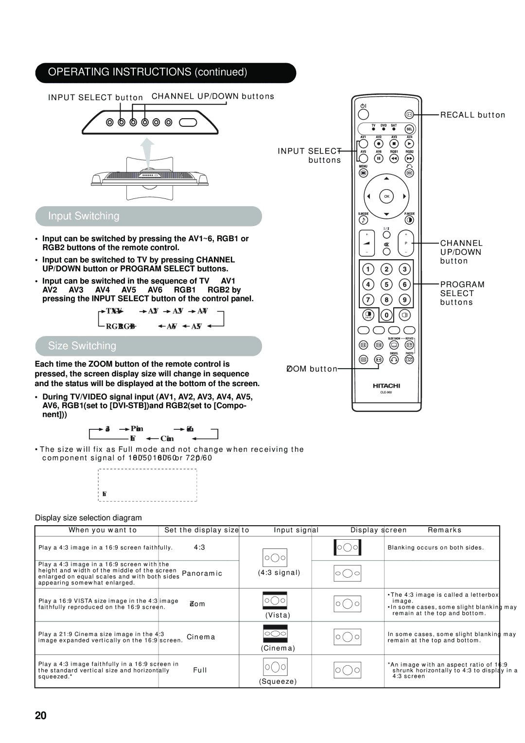 Hitachi hitachi lcd monitor Operating Instructions, Input Switching, Size Switching, Display size selection diagram 