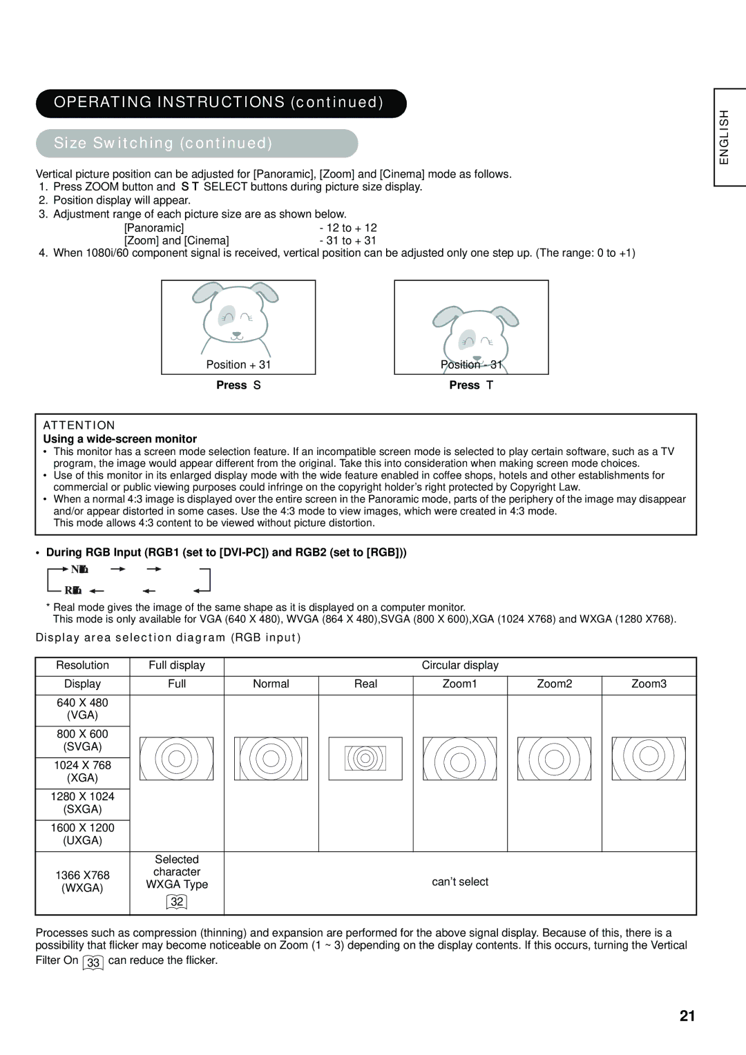 Hitachi hitachi lcd monitor user manual Operating Instructions Size Switching, Press Using a wide-screen monitor 