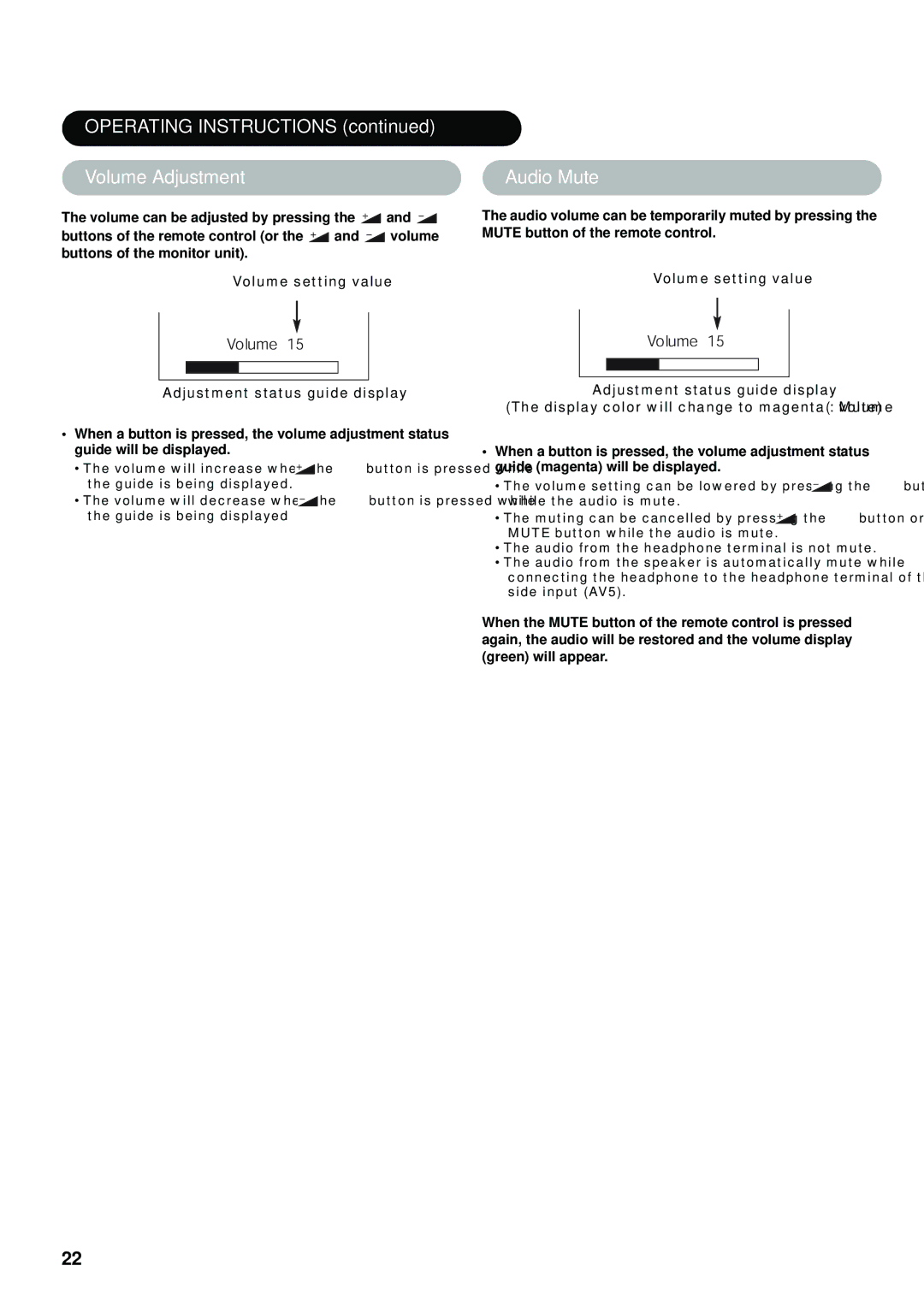 Hitachi hitachi lcd monitor user manual Operating Instructions Volume Adjustment, Audio Mute 