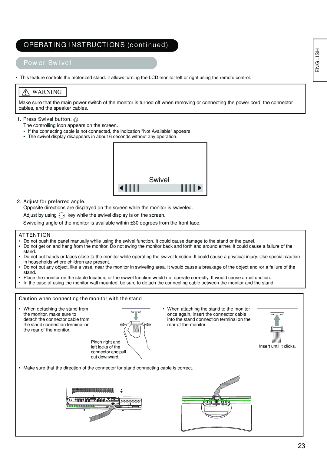 Hitachi hitachi lcd monitor Operating Instructions Power Swivel, Press Swivel button, Adjust for preferred angle 