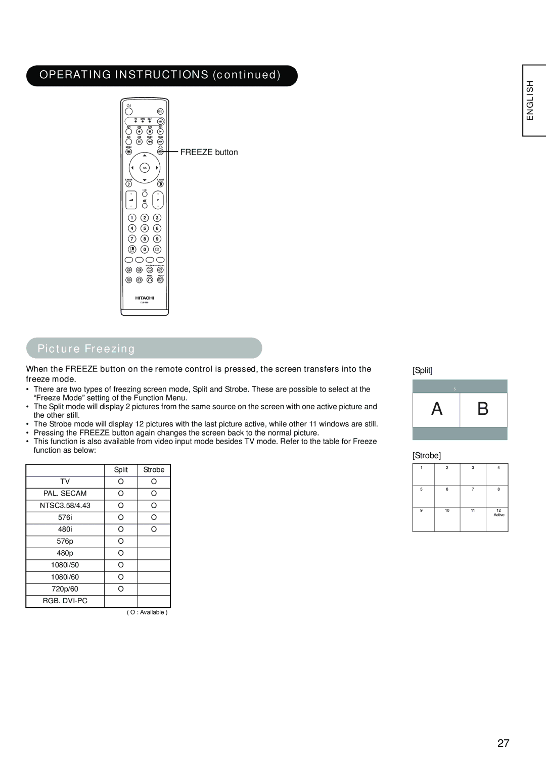 Hitachi hitachi lcd monitor user manual Picture Freezing, Freeze button, Split Strobe, NTSC3.58/4.43 576i 480i 