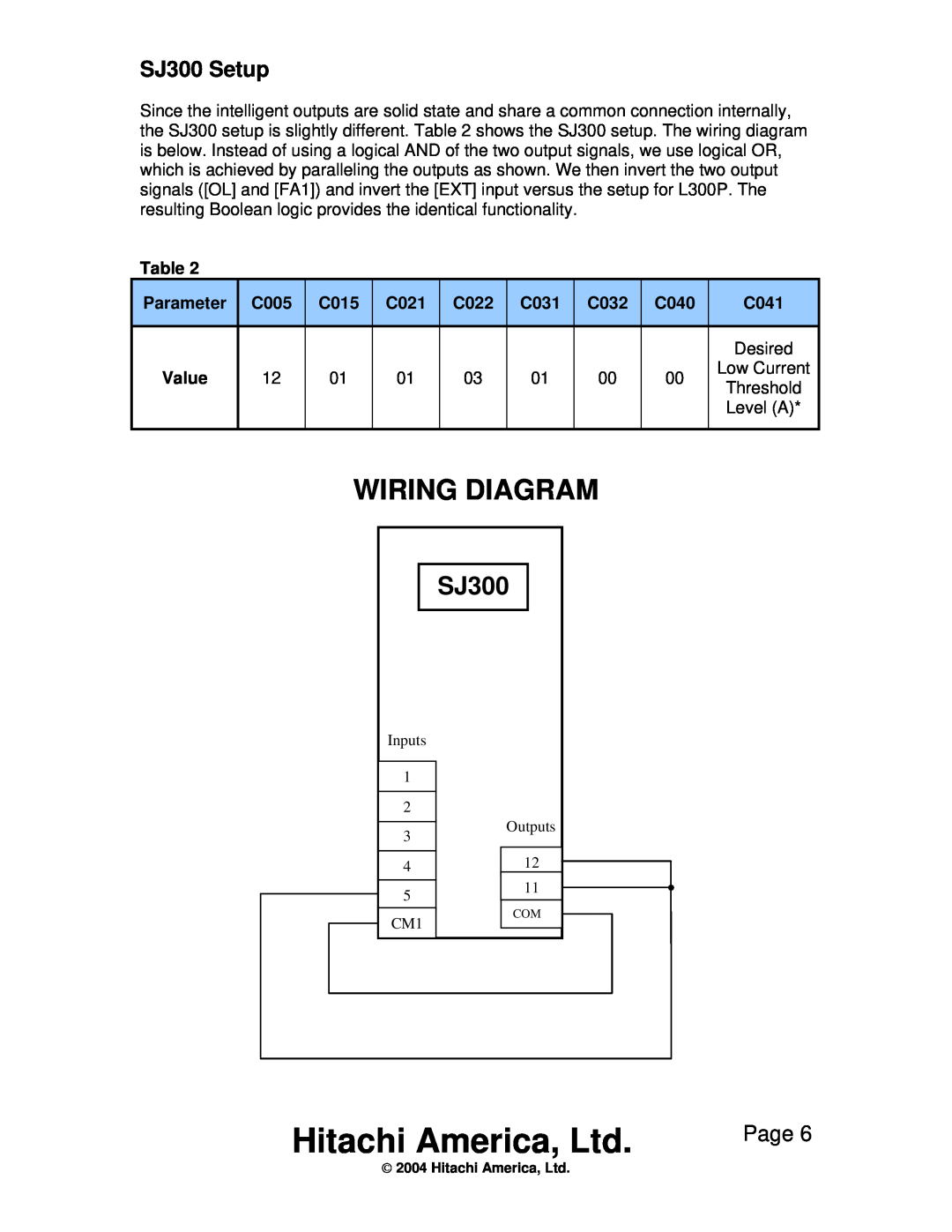 Hitachi hitachi low current trip function for pumping applications SJ300 Setup, Wiring Diagram, Page, Parameter, C005 