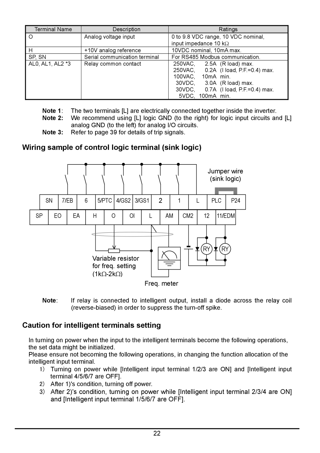 Hitachi hitachi series inverter user manual Wiring sample of control logic terminal sink logic, Sp, Sn 