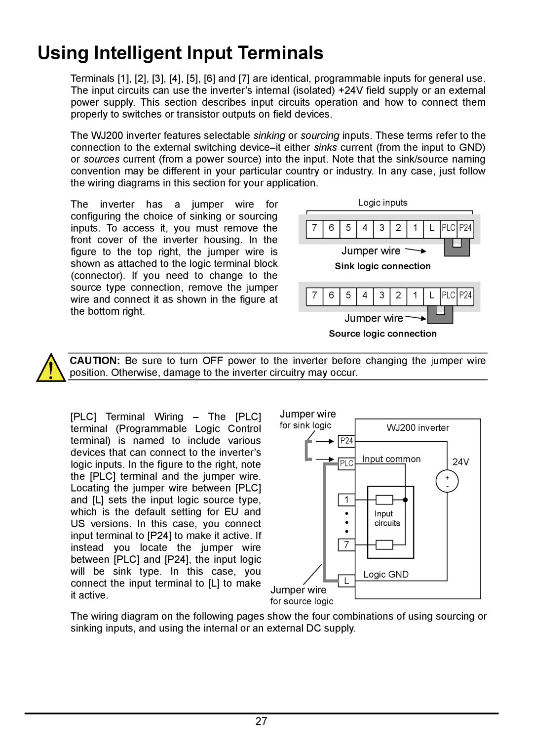 Hitachi hitachi series inverter Using Intelligent Input Terminals, Sink logic connection, Source logic connection 