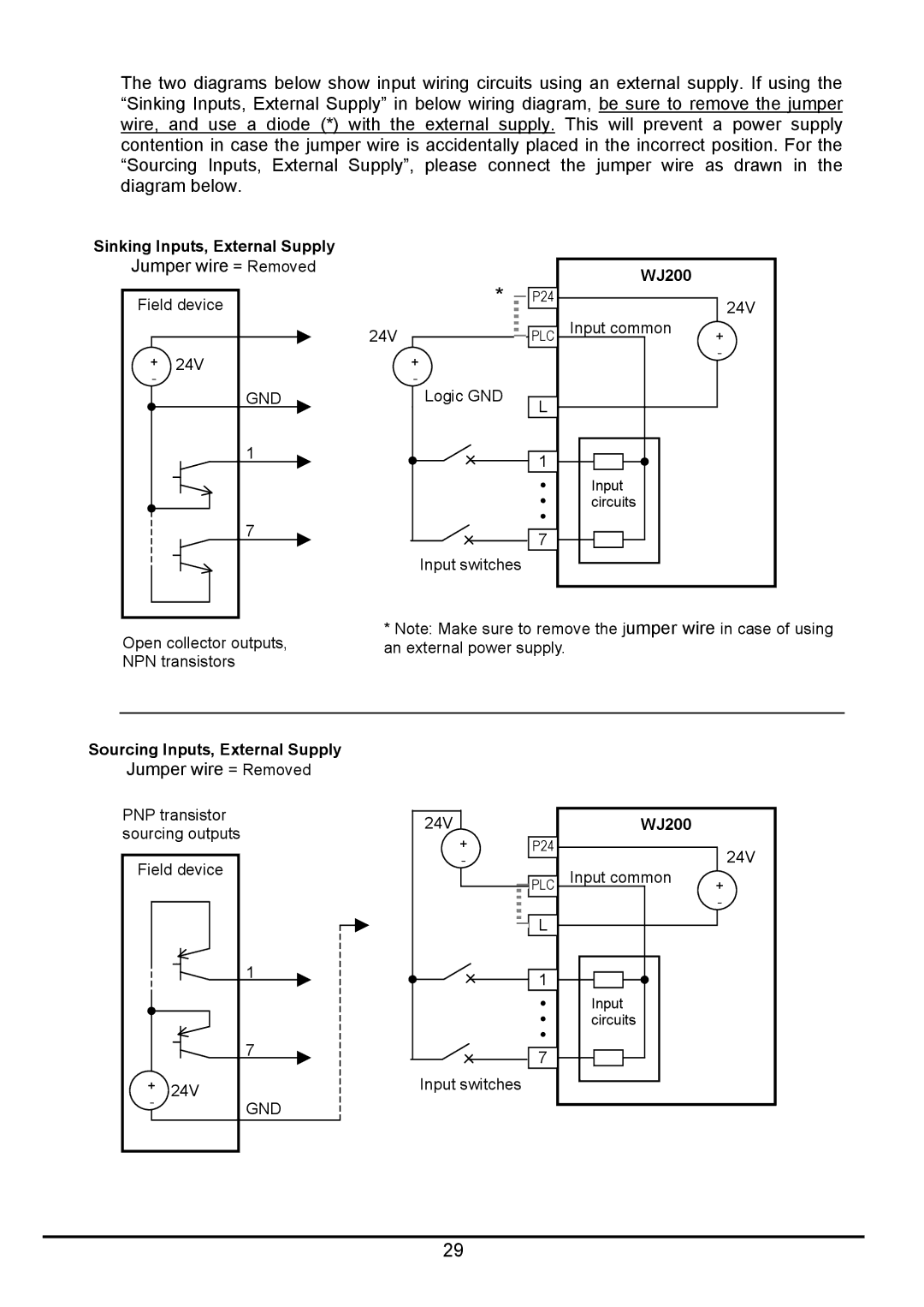 Hitachi hitachi series inverter user manual Sinking Inputs, External Supply, Sourcing Inputs, External Supply 