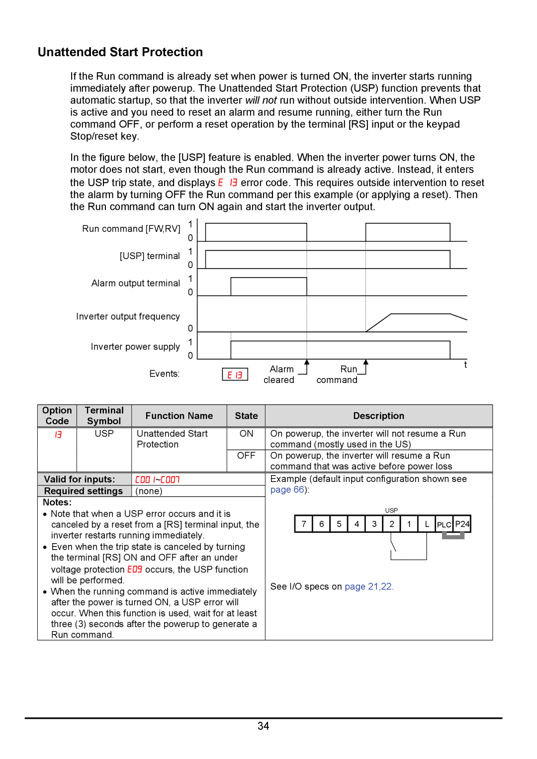 Hitachi hitachi series inverter Unattended Start Protection, Option Terminal Function Name State Description Code Symbol 