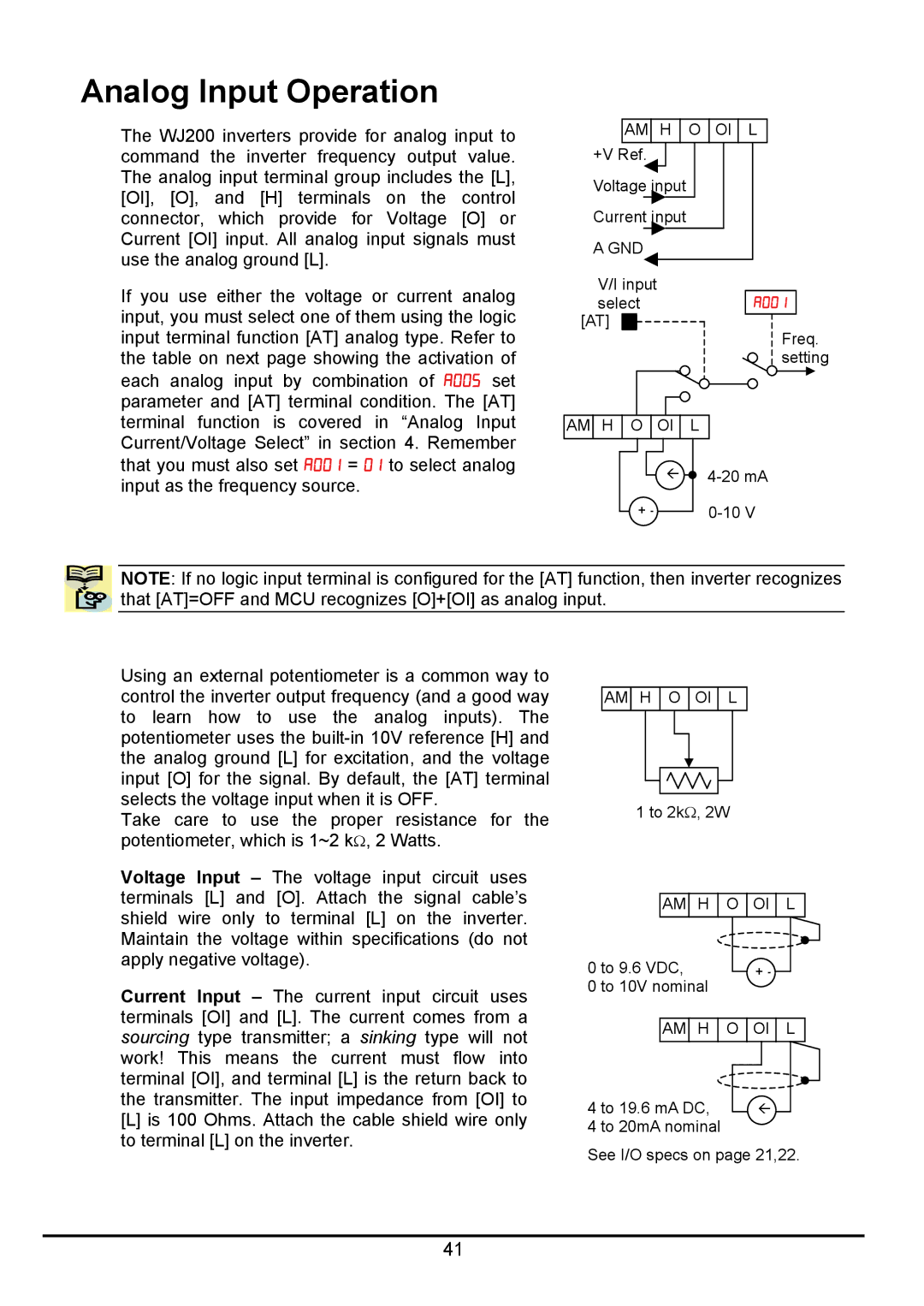 Hitachi hitachi series inverter user manual Analog Input Operation, Am H O Oi L 