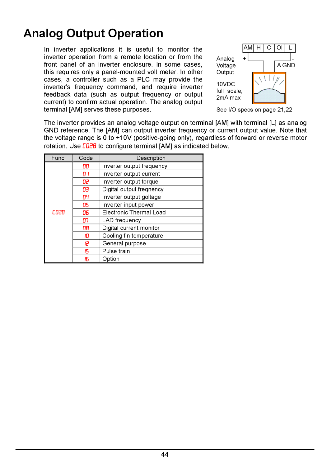 Hitachi hitachi series inverter user manual Analog Output Operation, Gnd 