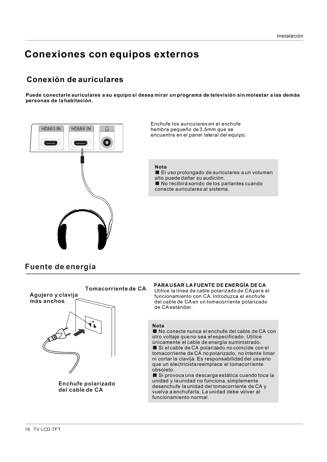 Hitachi HLC26R1 owner manual Conexión de auriculares, Fuente de energía 