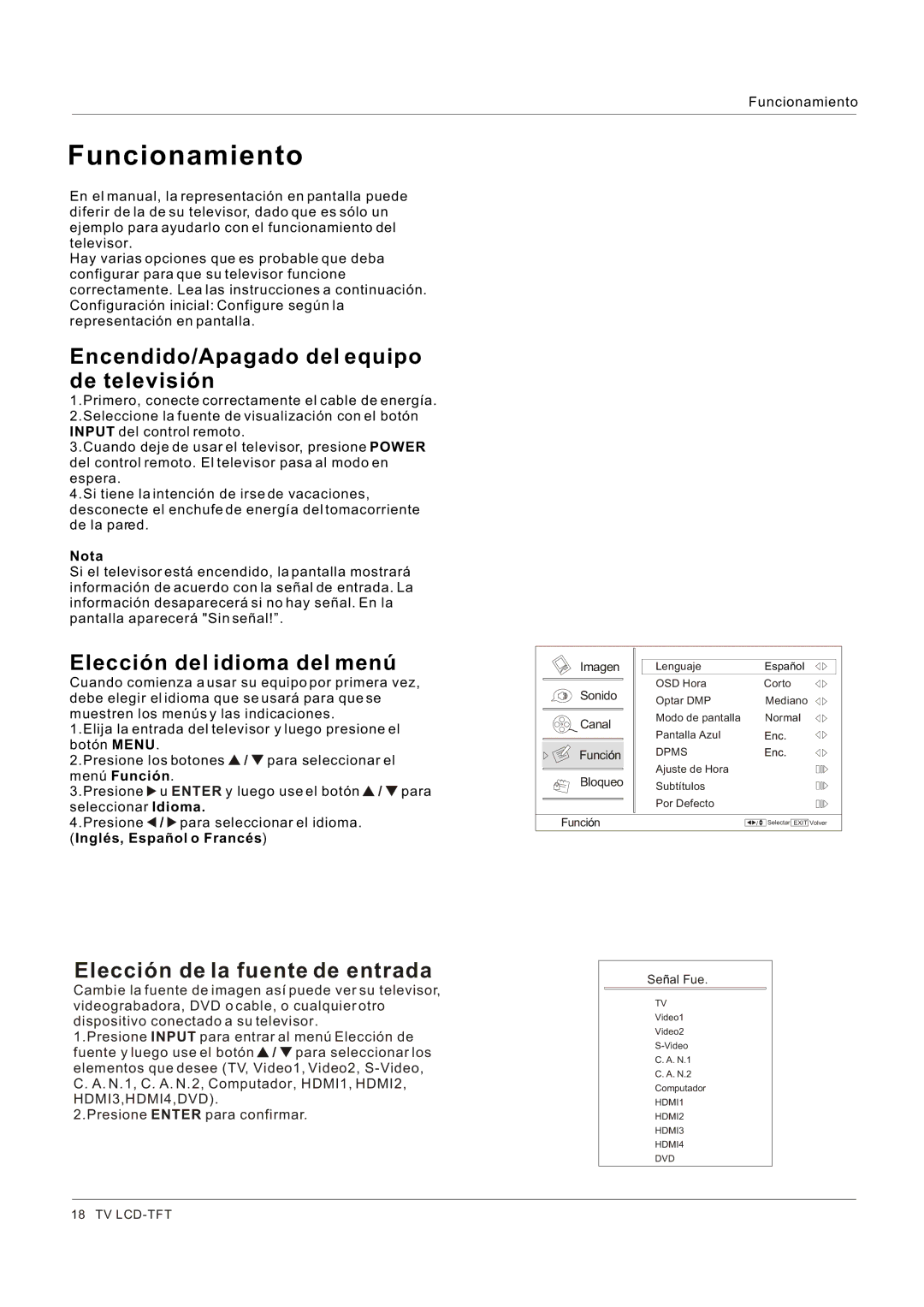 Hitachi HLC26R1 owner manual Funcionamiento, Encendido/Apagado del equipo de televisión, Elección del idioma del menú 