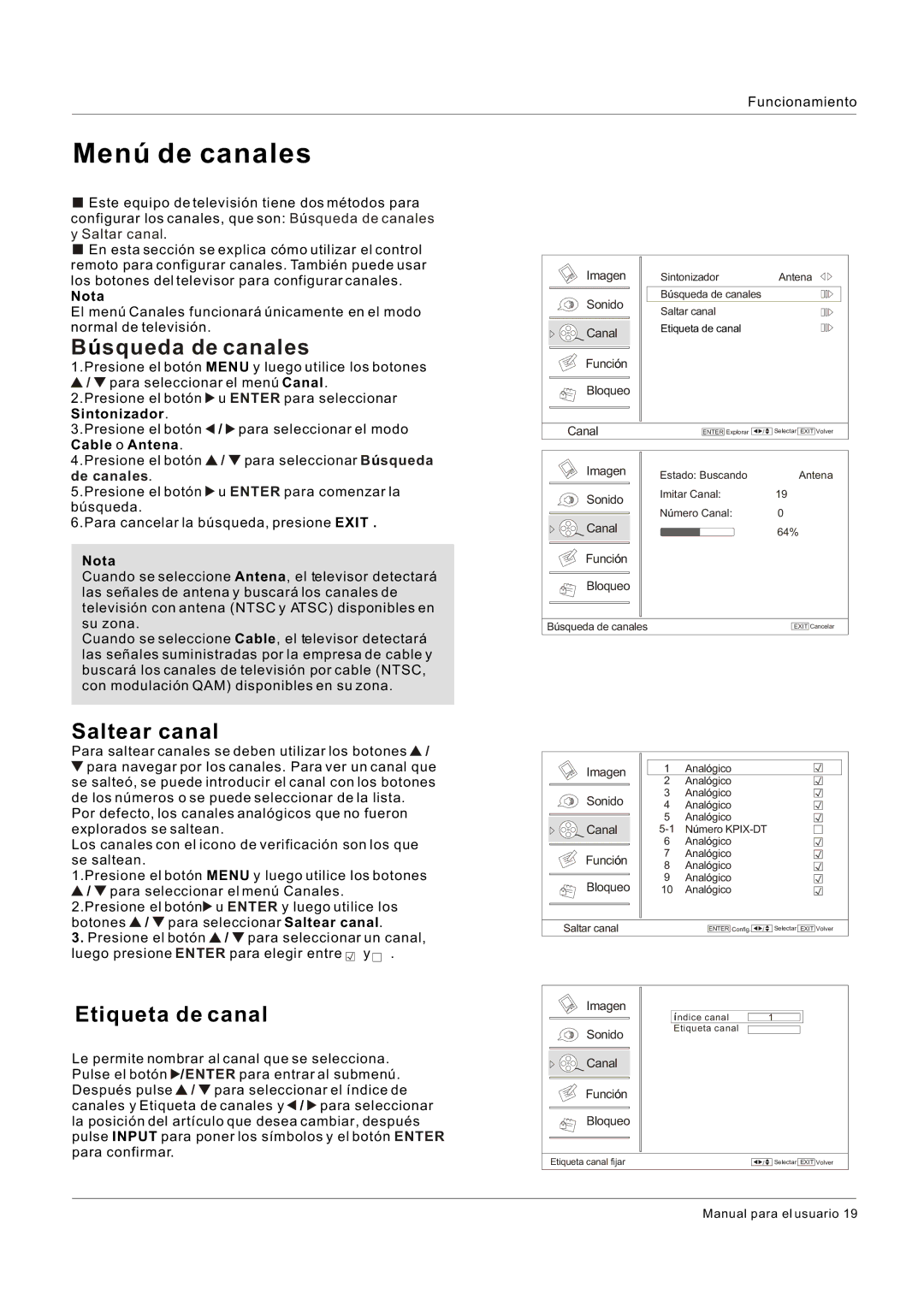 Hitachi HLC26R1 owner manual Menú de canales, Búsqueda de canales, Saltear canal, Etiqueta de canal 