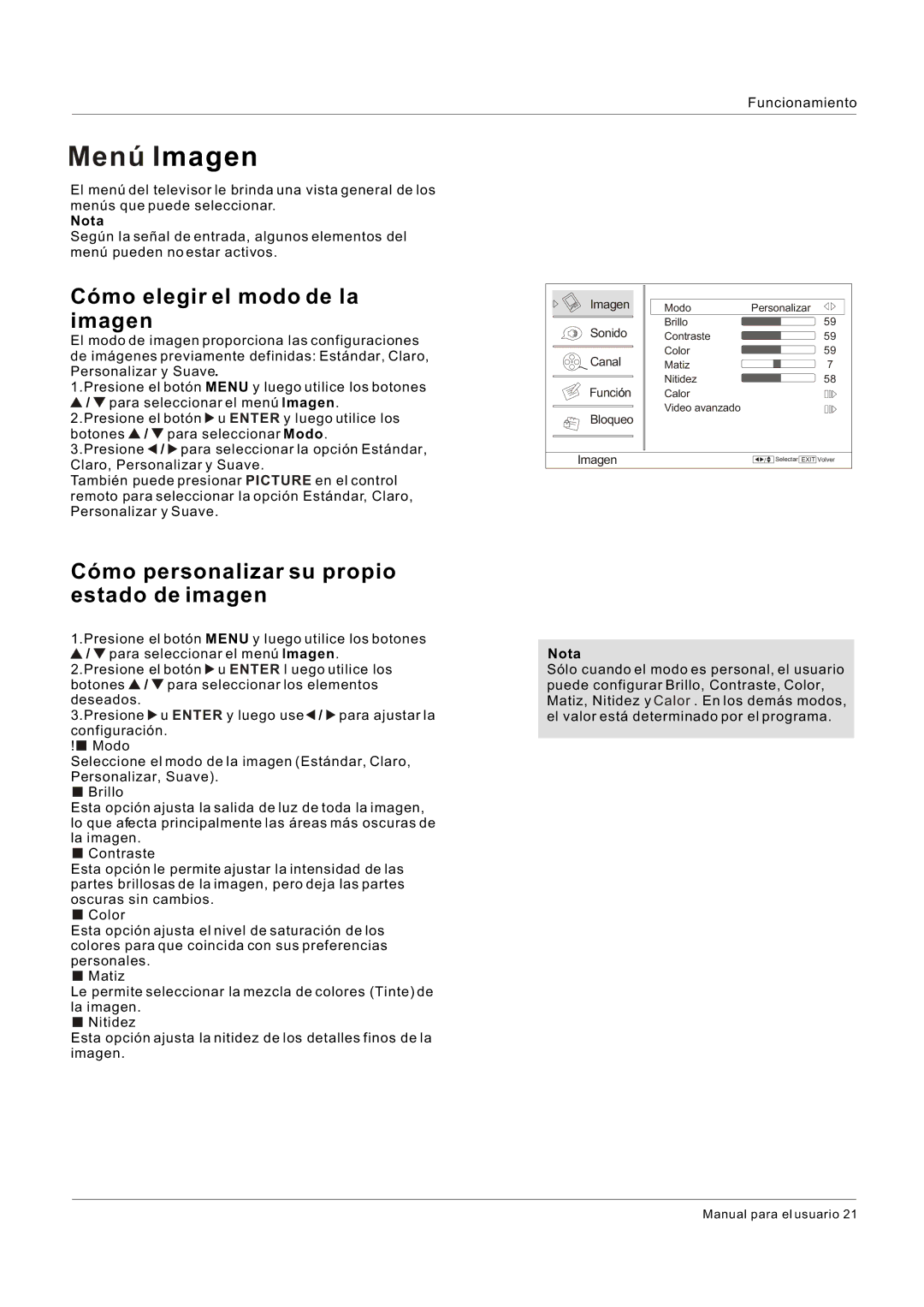 Hitachi HLC26R1 owner manual Menú Imagen, Cómo elegir el modo de la imagen, Cómo personalizar su propio estado de imagen 