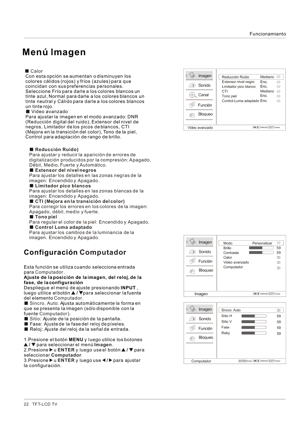 Hitachi HLC26R1 owner manual Menú Imagen, Configuración Computador 