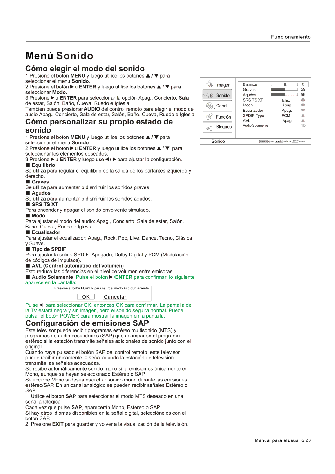 Hitachi HLC26R1 owner manual Menú Sonido, Cómo elegir el modo del sonido, Cómo personalizar su propio estado de sonido 