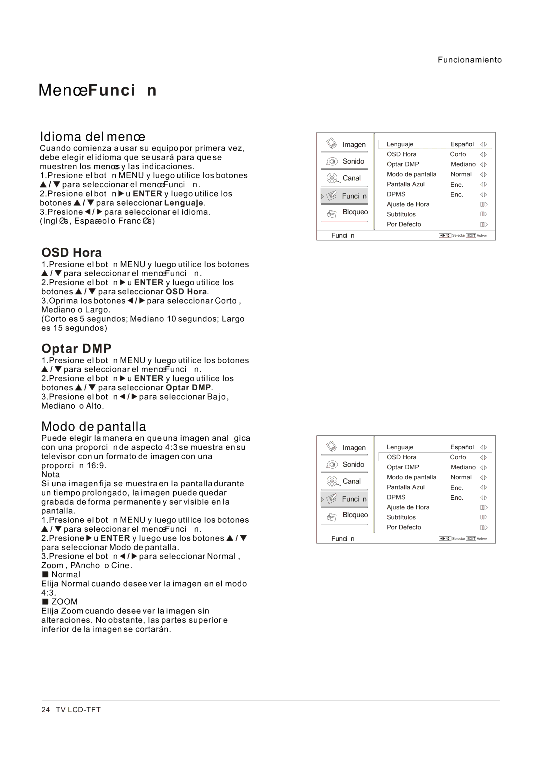 Hitachi HLC26R1 owner manual Menú Función, Idioma del menú, OSD Hora, Optar DMP, Modo de pantalla 