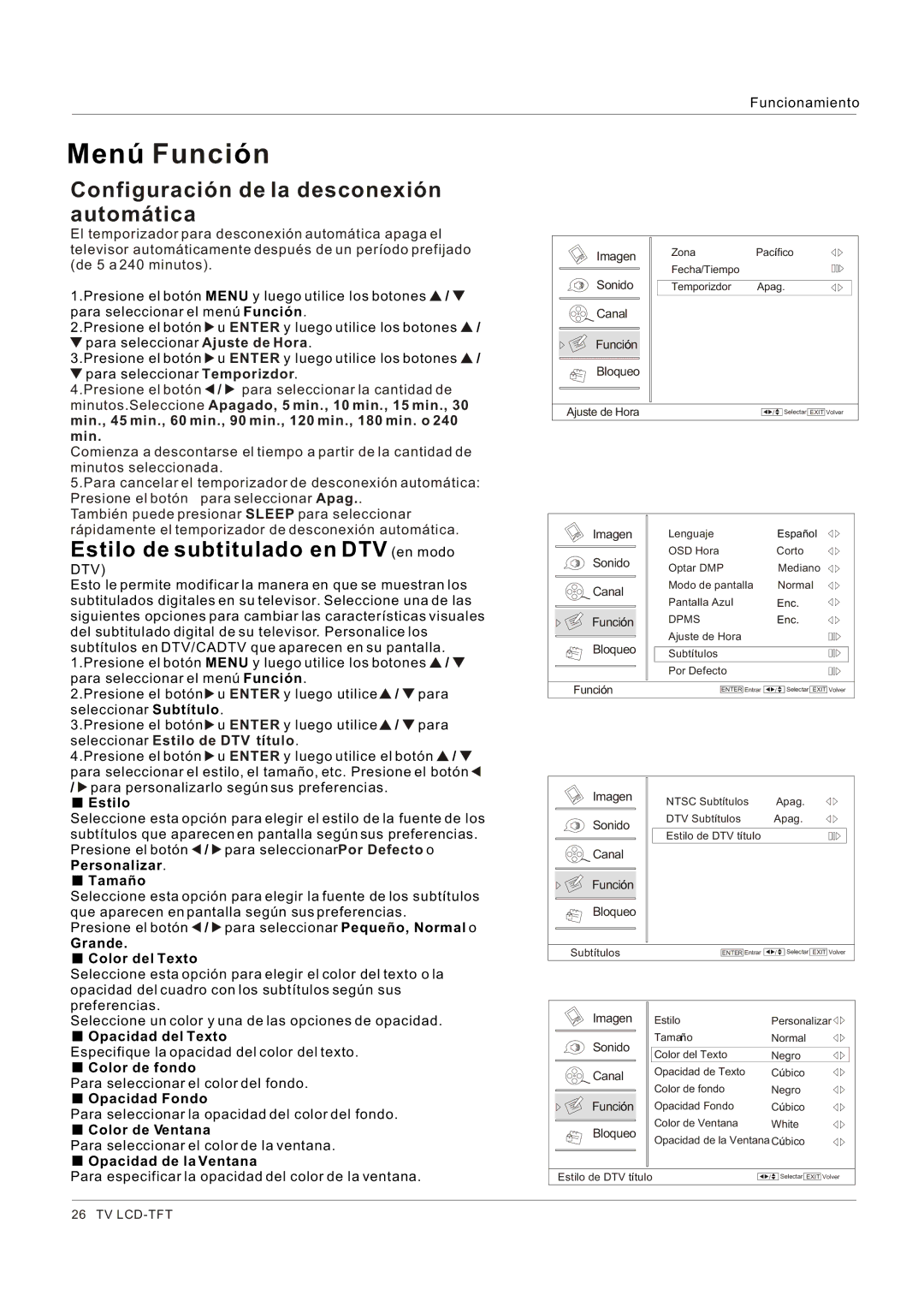 Hitachi HLC26R1 owner manual Configuración de la desconexión automática, Estilo de subtitulado en DTV en modo 