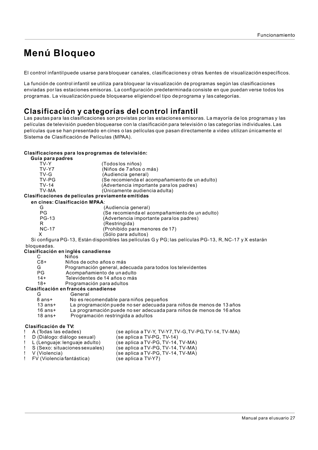 Hitachi HLC26R1 owner manual Menú Bloqueo, Clasificación y categorías del control infantil 