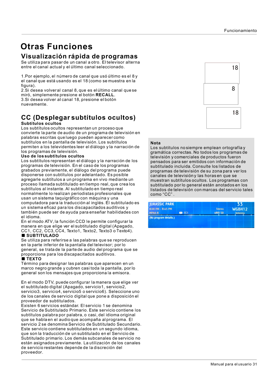 Hitachi HLC26R1 owner manual Visualización rápida de programas, CC Desplegar subtítulos ocultos, Subtítulos ocultos 