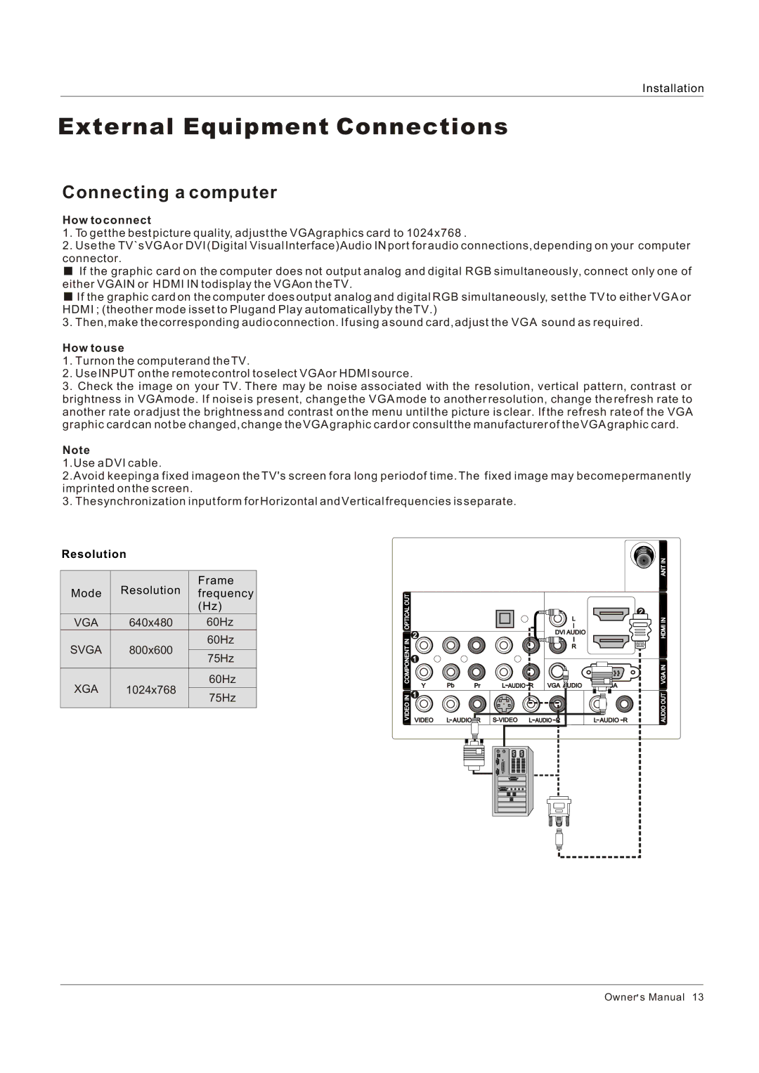 Hitachi HLC26R1 owner manual Connecting a computer, Resolution 