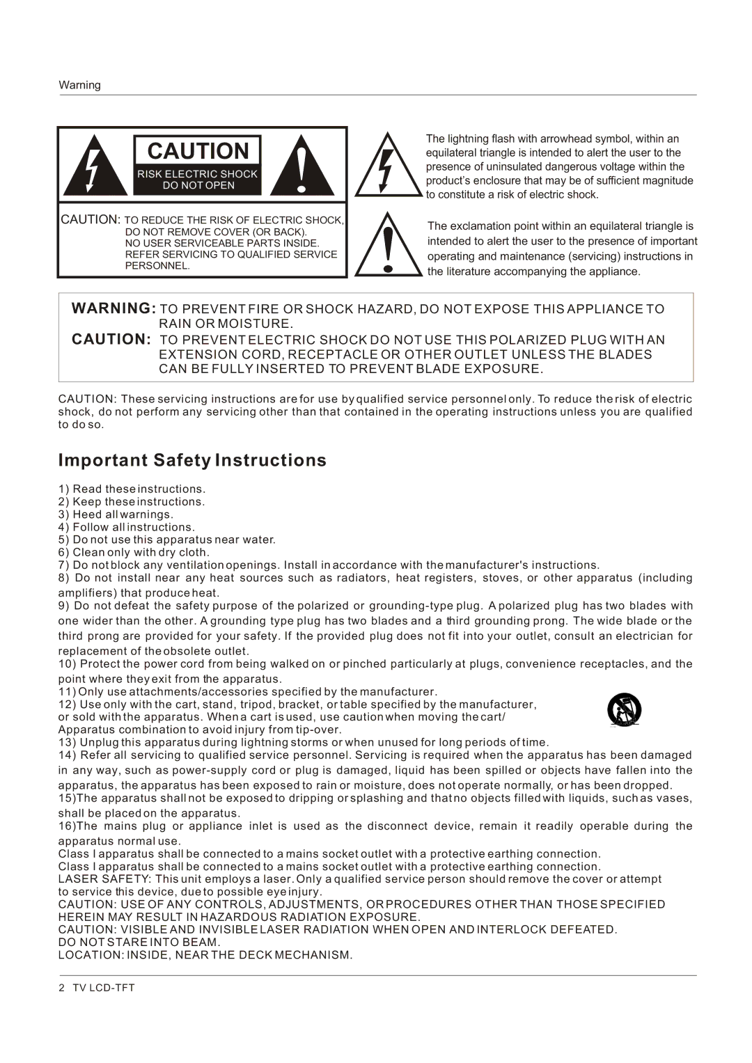 Hitachi HLC26R1 owner manual Important Safety Instructions 