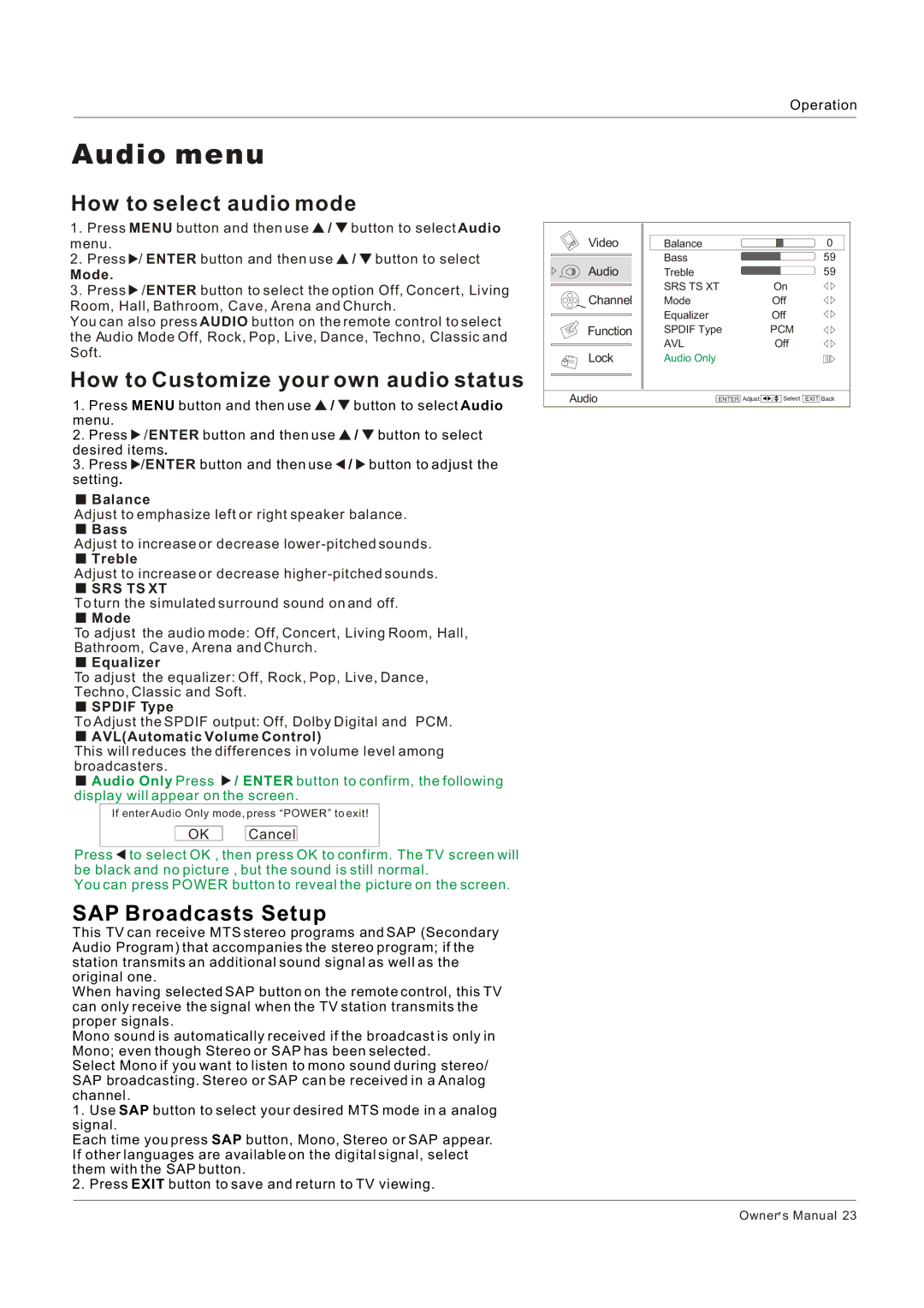 Hitachi HLC26R1 Audio menu, How to select audio mode, How to Customize your own audio status, SAP Broadcasts Setup 