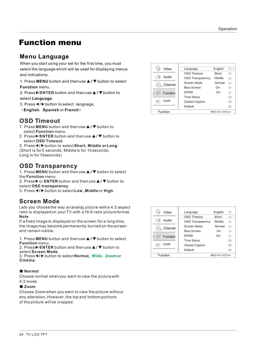 Hitachi HLC26R1 owner manual Function menu, Menu Language, OSD Timeout, OSD Transparency, Screen Mode 