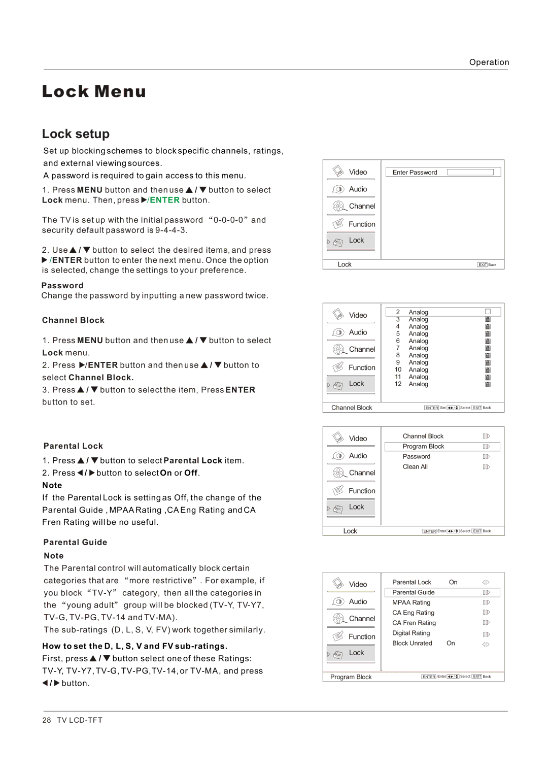 Hitachi HLC26R1 Lock setup, Password, Channel Block, Parental Lock, How to set the D, L, S, V and FV sub-ratings 