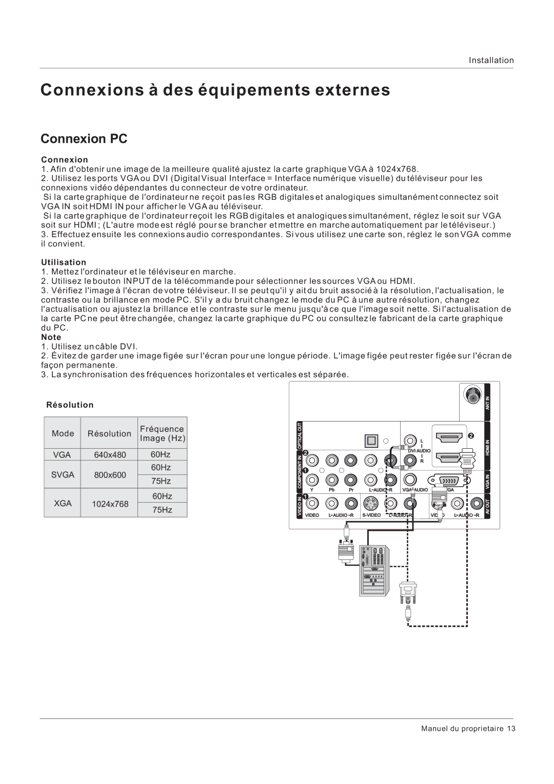 Hitachi HLC26R1 owner manual Connexion PC, Résolution 