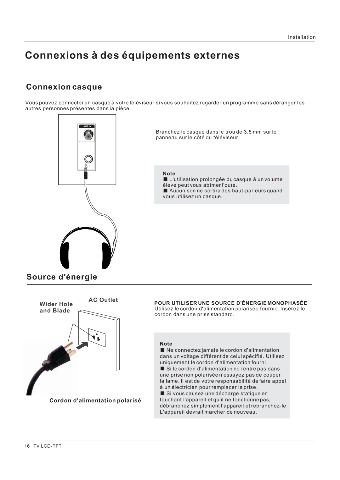 Hitachi HLC26R1 owner manual Connexion casque, Source dénergie 