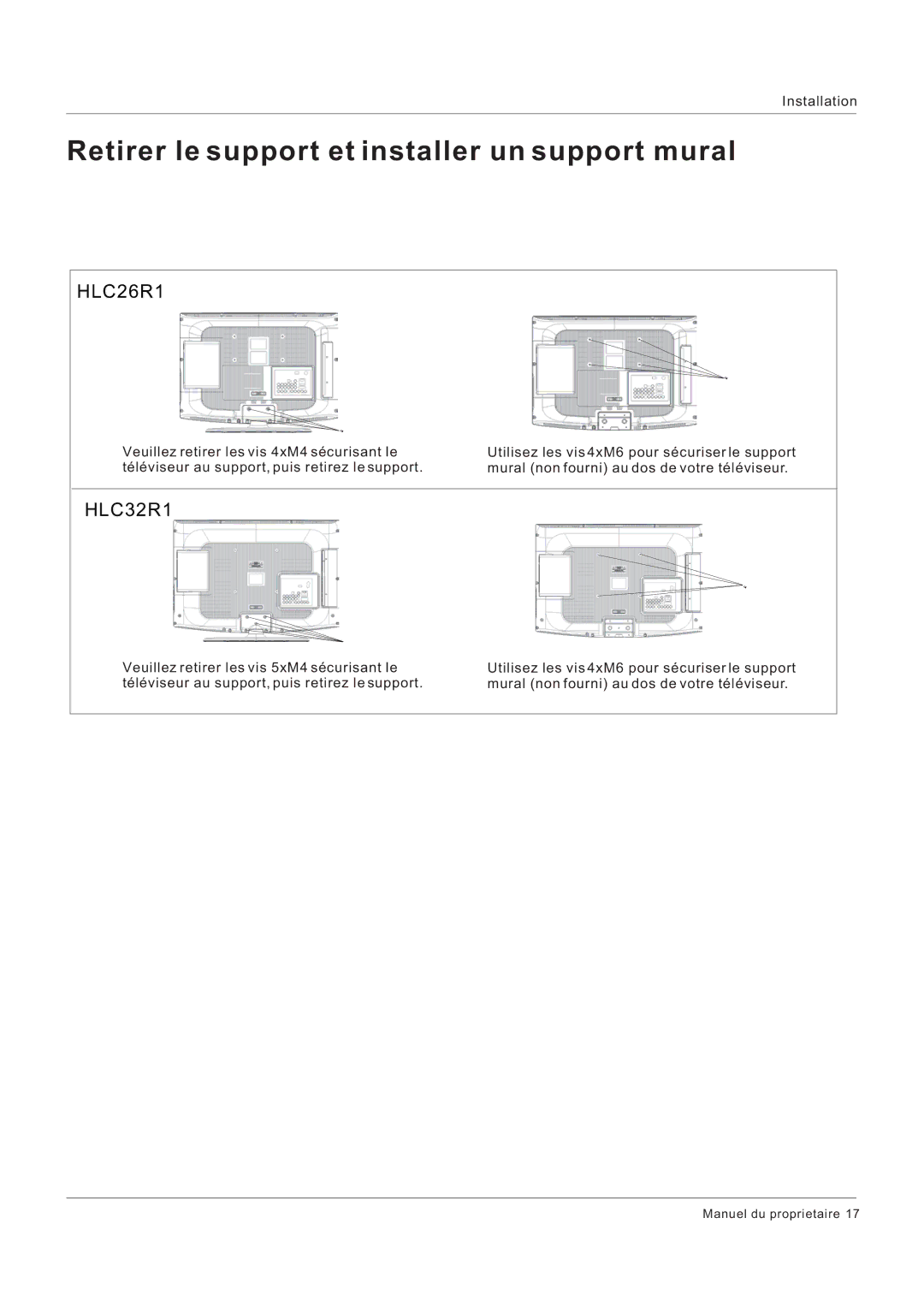 Hitachi HLC26R1 owner manual Retirer le support et installer un support mural, HLC32R1 