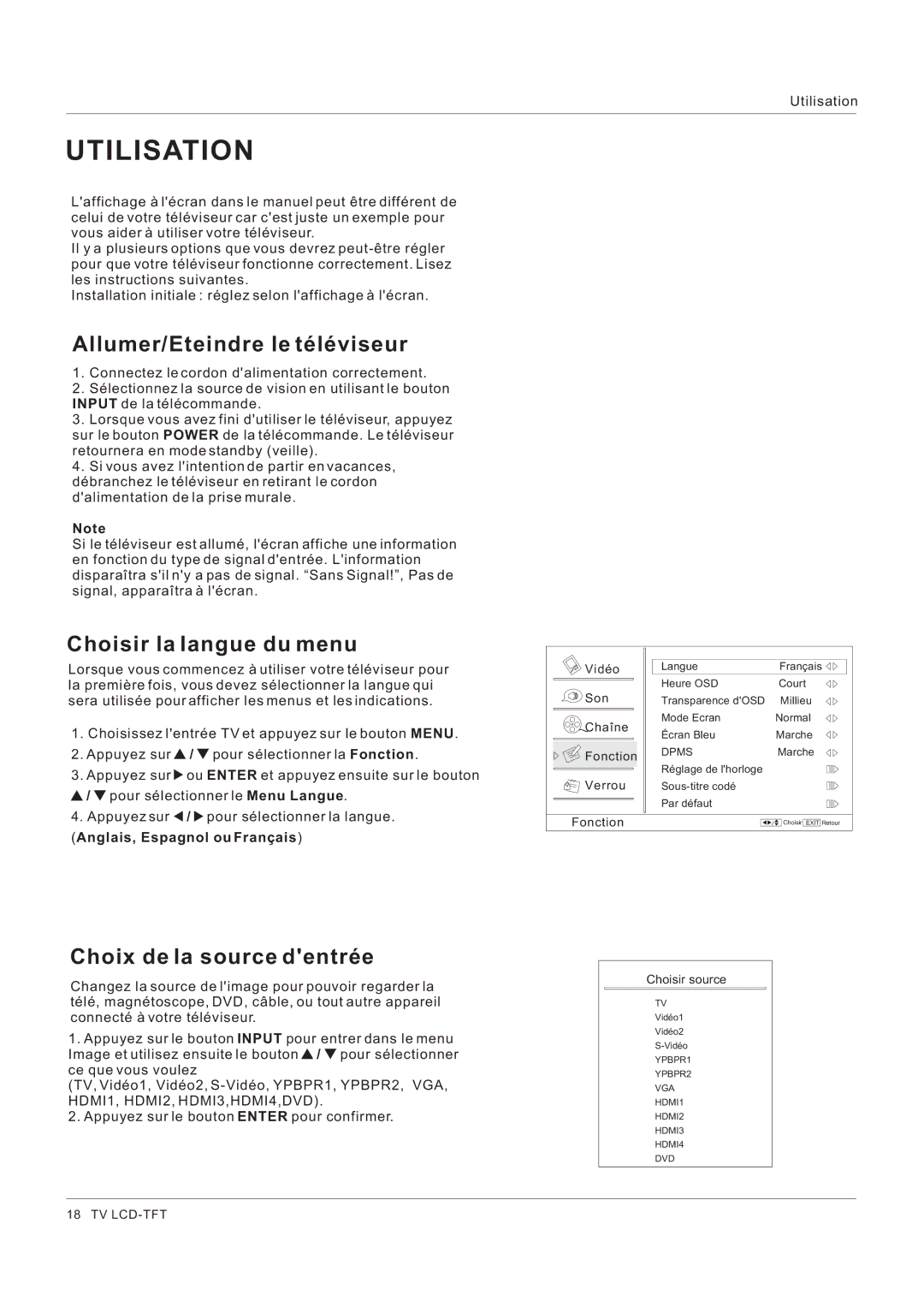 Hitachi HLC26R1 owner manual Allumer/Eteindre le téléviseur, Choisir la langue du menu, Choix de la source dentrée 