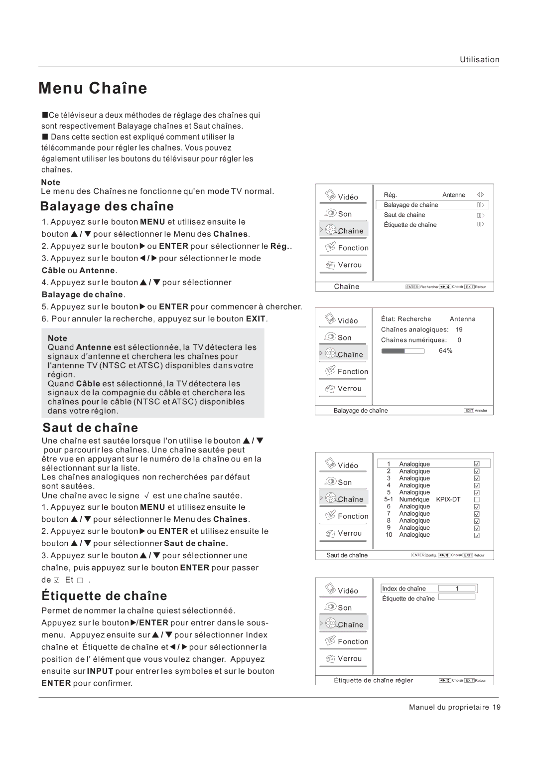 Hitachi HLC26R1 owner manual Menu Chaîne, Balayage des chaîne, Saut de chaîne, Tiquette de chaîne 