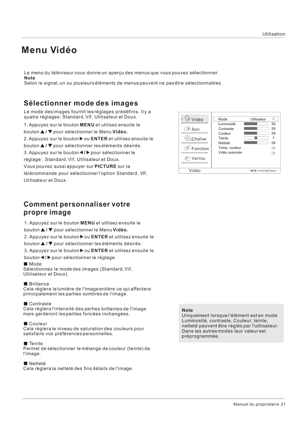 Hitachi HLC26R1 owner manual Menu Vidéo, Sélectionner mode des images, Comment personnaliser votre propre image 