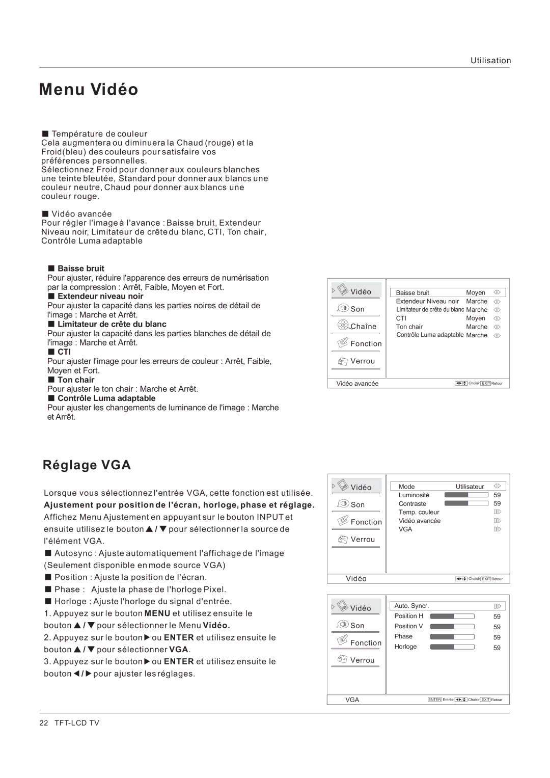 Hitachi HLC26R1 owner manual Réglage VGA 