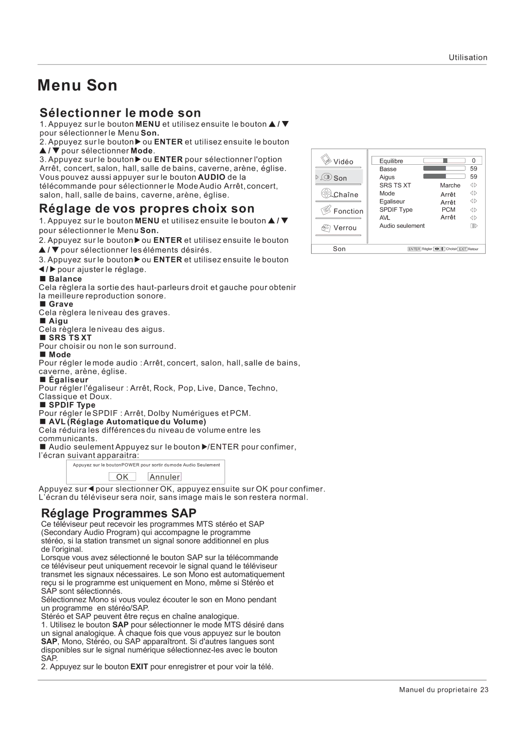 Hitachi HLC26R1 owner manual Menu Son, Sélectionner le mode son, Réglage de vos propres choix son, Réglage Programmes SAP 