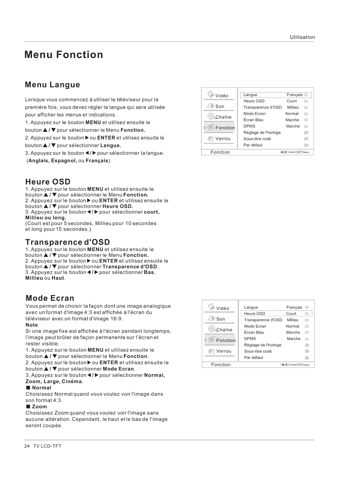 Hitachi HLC26R1 owner manual Menu Fonction, Menu Langue, Heure OSD, Transparence dOSD, Mode Ecran 