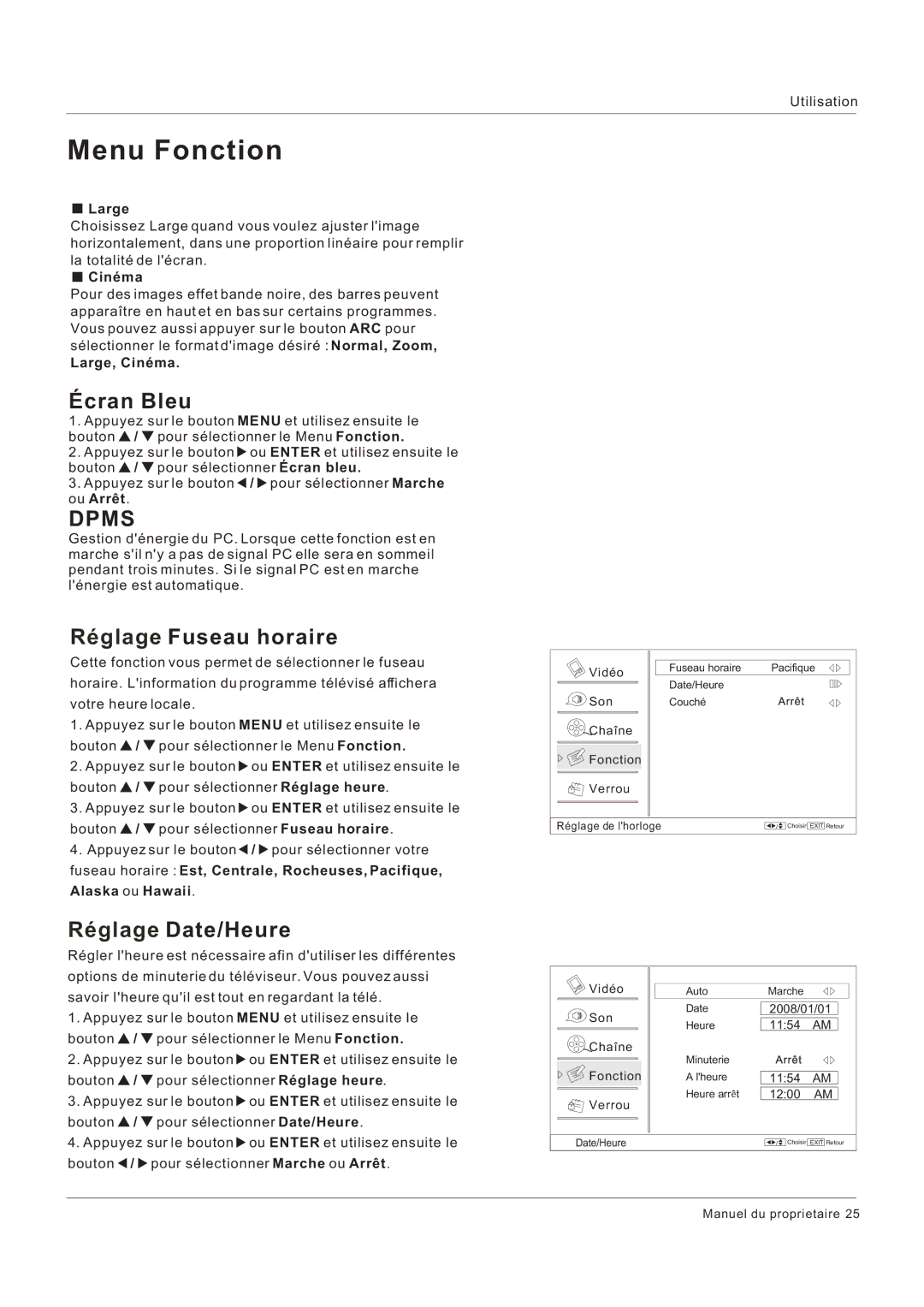 Hitachi HLC26R1 owner manual Écran Bleu, Réglage Fuseau horaire, Réglage Date/Heure 